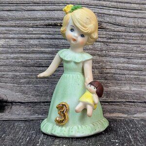 Vintage Growing Up Birthday Girls Enesco Blonde Age 3 1981 Green Dress Dolly